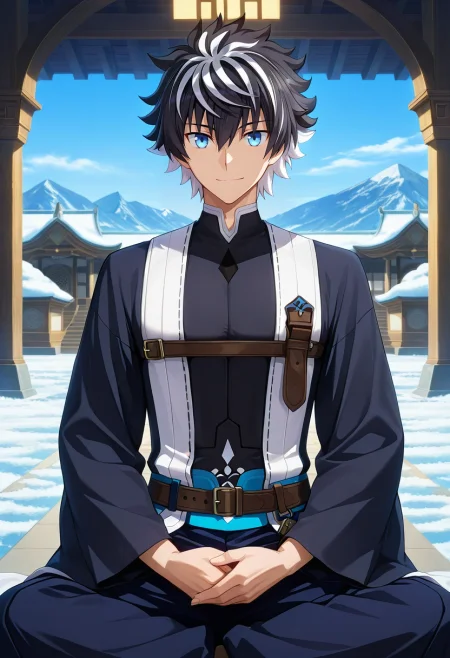 masterpiece, best quality, , anime screencap, anime coloring, , looking at viewer, 1boy, solo, male focus, <lora:charlemagne_fate_ilxl:0.96>, charlemagne_fate, black hair, blue eyes, multicolored hair, white hair, two-tone hair, short hair, hair between eyes, bangs, streaked hair, , mountain temple, stone halls, snow gardens, meditation rooms, peaceful pose, serene expression, morning, ,