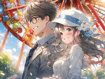 face focus, cute, masterpiece, best quality, a boy and a girl in a theme park, smiling, cute, flower, outdoors, ferris wheel, extremely detailed, ornaments, highest detailed, hair ornament, (a girl using white dress and white hat:1.3), (a boy wearing gray jacket, blue jeans and glasses:1.3), (cloud, sky:1.2), (full body:1.5), (low view:1.5), petals, bangs, hair flower, long hair, earrings, amusement, trees, colorful background, highest detailed, (dynamic pose), (shadows:1.5)