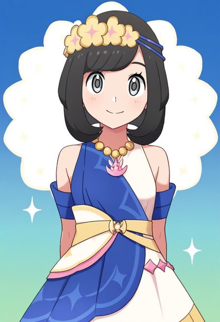2d, masterpiece, best quality, amazing quality, 1girl, solo, close-up, standing, smile, upper body, leaning_forward, looking at viewer, multicolored background, sparkle, gradient background, colorful background, green background, blue background, ncselene, grey eyes, black hair, short hair, bangs, flower wreath, head wreath, bead necklace, sleeveless dress, blue dress, white dress, bare shoulders, armlet, bracelet