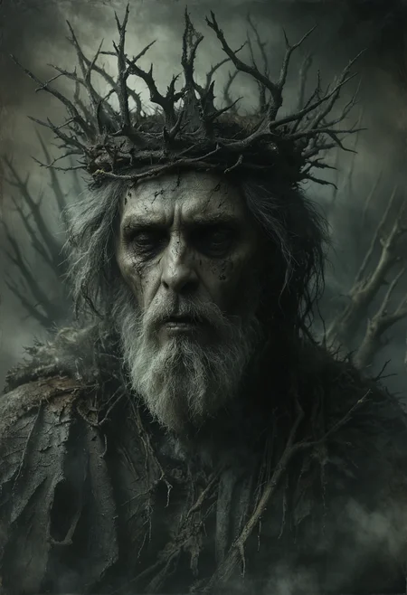 a macabre scene with a lifelike very old and ill king bearing a dark expression, crowned with a jagged, branch-like, thorny crown, partially obscured by mist, all textures suggesting decay and darkness, the kin set against a backdrop of ethereal fog and shadow to enhance its haunting appearance, evoking a sense of solemnity and ancient lore, <lora:NicolaSamori:0.7>, <lora:Desolation:0.3>, <lora:MJ52:0.3>,