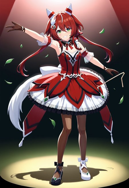 shobufuku, 1girl, solo, long hair, looking at viewer, smile, bangs, gloves, dress, animal ears, hair between eyes, bare shoulders, twintails, green eyes, tail, full body, pantyhose, red hair, black gloves, black pantyhose, red dress, brown gloves, dancing, red spotlight, black footwear, white footwear, mismatch footwear, dynamic pose, 
Win Variation-ponyXL_V1,(on ,Straw thread, leaf of strawberry)