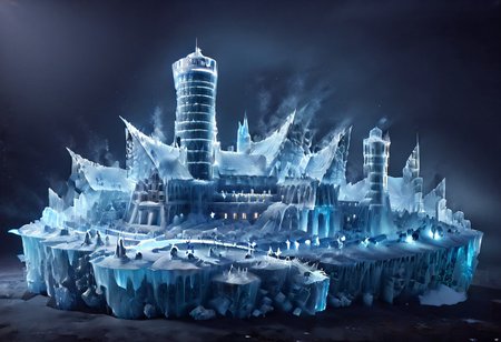 DarkFantasy, ice, ais-icebaby, made of ais-icebaby, dark, chiaroscuro, low-key, ((castle)),  3 towers,towers,  kaiyomuseum, night, scenery, water, building, night sky, moon ice,  skyscraper, city, city lights, reflection, neon lights, ice_art, ice, matchcraft floating island, sky , star