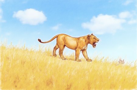 Sharp image of a rough sketch, rendered in vibrant multi colour ballpoint pen, capturing the adorable features of a 3D rendering of a lioness walking on a grassy hill. The lioness is facing towards the right side of the image and appears to be walking with its mouth open, as if it is roaring or roaring. The sky is blue with a few white clouds scattered across it. The grass is tall and golden, and the lioness's fur is a light brown color. The image is taken from a low angle, looking up at the sky.  p3nsk, <lora:p3nsk:1>
