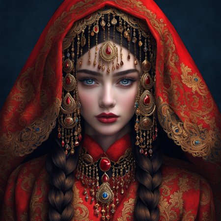 <lora:woman in red>,hn,1girl,solo,veil,blue eyes,looking at viewer,red lips,jewelry,black background,long hair,braid,necklace,portrait,simple background,makeup,brown hair,gem,realistic,lips,closed mouth,head chain,upper body,lipstick,gold,dark background,multiple braids,