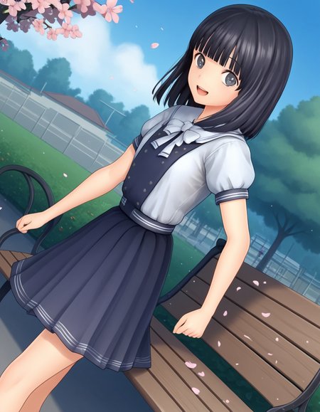 score_9, score_8_up, score_7_up, source_anime, <lora:rinze-himenogi-ingame-ponyxl-lora-nochekaiser:1>, rinze himenogi, bangs, black hair, blunt bangs, black eyes, 3d, skirt, dress, school uniform, short sleeves, puffy sleeves, black dress,, park, cherry blossoms, bench, gentle breeze, peaceful, running, open mouth,, smile, looking at viewer, from side, solo,, dutch angle,