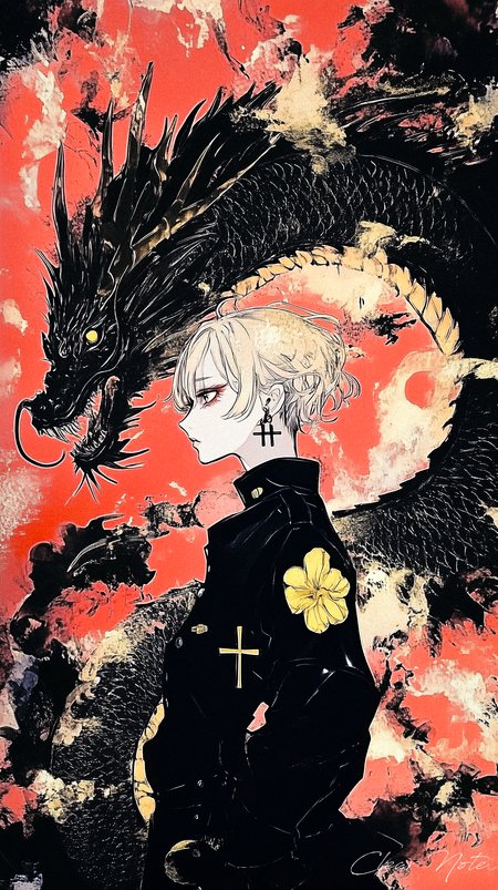 Japanese anime art style, Ukiyo-e, A solitary girl with short pink hair stands confidently against a bold red background. A black cross is etched on her cheek, adorned with cross earrings and additional piercings. Her black military uniform features yellow flower embroidery, and black gloves complete her look. Her sharp gaze and scarred face reflect strength and resilience. Behind her looms a massive, mythical Japanese dragon, its towering presence casting a powerful shadow. The fusion of modern military style and ancient mysticism creates an intense atmosphere of fierce elegance and otherworldly power.