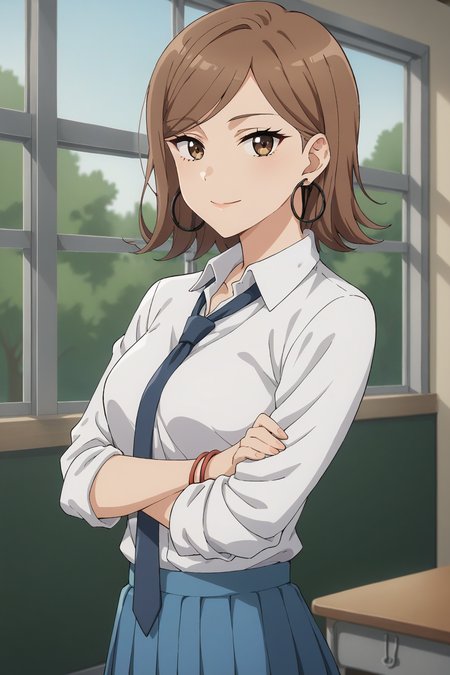 score_9, score_8_up, score_7_up, source_anime, 1girl, prefect lighting, very aesthetic, intricate details, highly detailed background, masterpiece, high quality, prefect hands, best quality, solo,
<lora:Daia_Dress_up_Darling_V1:.85>, KJODaia, brown hair, light brown eyes, short hair, swept bangs, 
collared shirt, sleeves rolled up, loose necktie, hoop earrings, blue pleated skirt, bracelet, 
from side, crossed arms, smile, closed mouth, looking at viewer,
School, classroom, window, sunny, tree,
(Beautiful, medium Breasts:1.2), natural breasts,