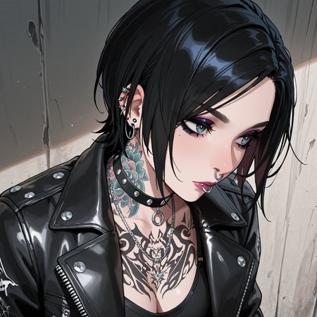 1girl, leather, jewelry, leather jacket, solo, earrings, jacket, makeup, necklace, choker, punk, tattooed, neck tattoo, chest tattoo, single nose ring, barbell piercing, masterpiece, best quality, hyper-Detailed