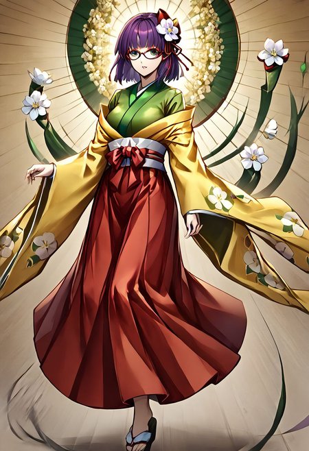 1girl, akyuu, hieda_no_akyuu, bespectacled, glasses, hair_flower, green_kimono, long_sleeves, wide_sleeves, white_flower, red_skirt, yellow_kimono, floral_print, 
masterpiece, best quality, very aesthetic, absurdres,