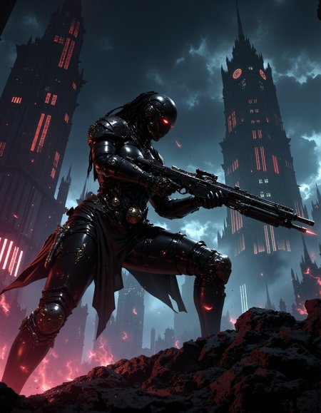 hyper realistic and highly detailed, highly dynamic cinematic full shot view, an atmospheric and powerful dark fantasy, natural organic and impressionist classical-style painting of a powerful female sci-fi cyberpunk mistress in a slick black latex bodysuit holding a huge laser rifle, posing in front of a dark towering obsidian cyberpunk tower  with high tech neon lights, from below angle, extremely dangerous, vibrant dark colors, atmospheric haze, motion blur, depth of field, cinematic, in the style of Bladerunner, In the style of Diablo, panoramic action movie full shot, panoramic full shot, MythP0rt
<lora:FredFraiStyle-FLUX-Share:0.6>  <lora:FluxMythP0rtr4itStyle:0.7>  <lora:dark_fantasy_flux:0.9> <lora:latexHood:0.5> latexHood
