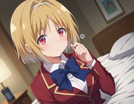 score_9, score_8_up, score_7_up, source_anime,
kikyoukushida, <lora:kikyou-kushida-s2-ponyxl-lora-nochekaiser:1>,
kikyou kushida, short hair, blonde hair, red eyes, hairband, hair intakes,
shirt, long sleeves, bow, school uniform, jacket, white shirt, bowtie, blue bow, blazer, red blazer,
indoors, bed, bed room, on side, blush, drunk,
looking at viewer, dutch angle, cowboy shot,