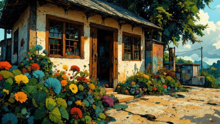Expressionism painting. Ground level wide angle view. vintage theme. overgrown Indonesian hut. Intricate white and chartreuse and black bejewelled details. Overall, the scene is ethereal and is very detailed. Dramatic lighting illuminates the scene from the right. <lora:Paper_Marbling_Flux:0.8> <lora:아름답고_우아한_r1:0.6> <lora:midjourney_whisper_chromaplex_v1:0.8>