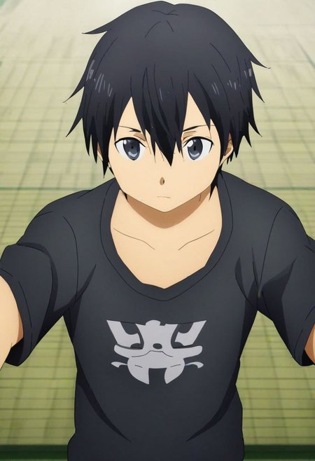 high resolution, solo, best quality, 1Boy, Kazuto Kirigaya, Black Hair, Black Eyes, kabedon POV, T-Shirt, OverallDetail