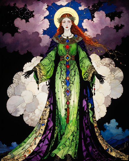 goddess in the clouds, (Harry Clarke:1.5), (light shining through clothing:1.4), volumetric lighting, <lora:add-detail-xl:0.75> <lora:xl_more_art-full_v1:0.5>