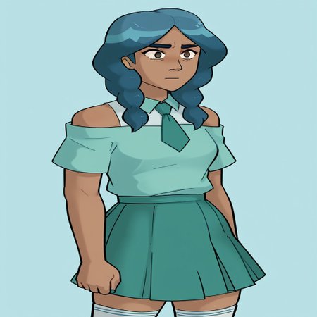 score_9, score_8_up, score_7_up, relatedguy, bust shot, solo, bare shoulders, CHMermista, simple background, one colour background, light blue background, Guilty, Downcast eyes, slumped shoulders, and a slightly ashamed expression, School Uniform, Green Tie, Green Collar Shirt, Skirt, Pleated Skirt, Short Sleeves, Long Socks,