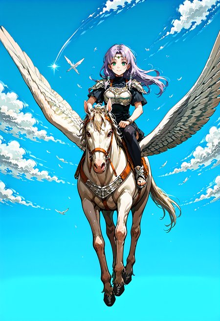 score_9,score_8_up,score_7_up,extreme detailed,full_body,zPDXL3 BREAK sky,flying,1girl,<lora:Pony_DetailV2.0:1>,
pegasus knight,horse,horseback riding,pegasus,closed mouth,<lora:pegasus knight-v3-pony:0.7>,smile BREAK NSFlorinaMisc,light purple hair,long hair,parted bangs,low-tied sidelocks,<lora:NSFlorinaFE7:1.05>,unaestheticXL_3x3,