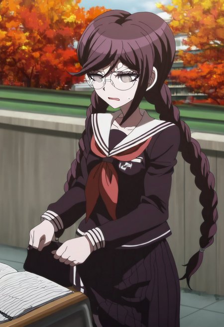 (((solo))), masterpiece, best quality, very aesthetic,  modern, modern anime,  newest, absurdres, highres, long shot , neutral expression  , (((solo))),danganronpa_(series),<lora:Toko_Fukawa_Illustrious:1>,  This anime screencap is from Danganronpa the Animation. Toko Fukawa sits in a corner of the school rooftop, using her skirt as a makeshift desk while she writes in her notebook. The sunset casts dramatic shadows across her face while torn-out draft pages flutter around her like autumn leaves.  Toko Fukawa wearing her uniform from Danganronpa 1. She has long dark purple hair in two braids, gray eyes and large round glasses. Her large, dark grey glasses are slightly crooked at an angle. Her uniform is a dark purple Japanese school uniform. The uniform has long sleeves, a collared shirt with a red ribbon and a long skirt with the school crest on the upper left sleeve.  A red ribbon is tied around the collar of her shirt.