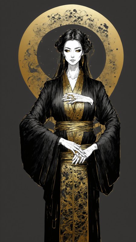 <lora:DarkInkAI:1> DarkInkAI,  beautiful sexy woman in robes, gold ink, inksketch