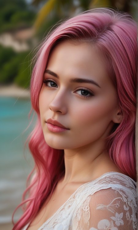 Stable_Yogis_PDXL_Positives  
 <lora:77ponychar2-pdxl-0-RBSYPV3:0.8> (( 77ponychar2body, 77ponychar2face,  black eyes,  eyelashes,  portrait,  long hair, looking at viewer, pink hair, lips,  portrait, realistic,))  medium breast size, 
Photo shoot, of a sexy young beautiful model   ((wearing Transparent lace keyhole blouse, Tulle midi skirt ,  tropical beach with crystal clear water , shot with Canon EOS-1D X Mark III DSLR camera, )) light_particles, cinematic, dynamic_angle, depth_of_field, bokeh, HDR, 8K, RAW, best_quality, top_quality, hyperrealistic, photorealistic, ultra_detail, ultra_realistic, masterpiece, hi-res, absurd_res, high_quality_photography, source_photo, highly_detailed, very_aesthetic, beautiful, realistic, real_life.