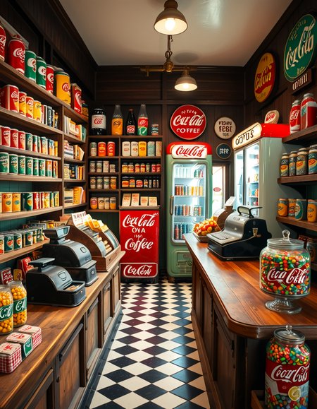 A vintage 1950s grocery store filled with nostalgic details. Wooden shelves neatly stocked with classic canned goods, glass soda bottles, and colorful retro packaging. An old-fashioned cash register sits on the wooden counter, next to a small scale for weighing produce. The checkered black-and-white tile floor adds to the mid-century charm, while hand-painted signs on the walls advertise milk, bread, and coffee in bold, retro fonts. A display of penny candy in glass jars sits near the entrance, and a vintage Coca-Cola refrigerator hums in the background. Soft, warm lighting casts a nostalgic glow over the scene, enhancing the rich textures of wood, glass, and metal, capturing the essence of a bygone era.
<lora:SDXLFaeTastic2400:0.4> <lora:extremely_detailed:0.4> extremely detailed
 <lora:1950s_grocery_st0r3:1>,1950s grocery st0r3, Masterpiece,best quality,hi res,8k,hi res,8k,award winning,(sharp focus, intricate, highly detailed),