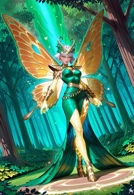 masterpiece, best quality, very aesthetic, absurdres, intricate details, 4k, semi realistic, cartoon, dutch angle, fantasy, orange energy around, green energy around, aura, gold dust particles surrounds her, dynamic pose, leaf shoulder pads, fighting stance, score_9, score_8_up, score_7_up, score_6_up, score_5_up, female, 21 years old, full body, newest, lora:AMarvelRivals_style:1 marvelrivals.

A radiant forest spirit fairy stands in a powerful yet elegant stance, her body glowing with a mystical aura. Her luminous golden butterfly eyes shimmer like captured sunlight, framed by long, silver-white lashes. A soft blush dusts her cheeks, complementing her cute button nose and delicate facial structure. Wisps of silver bob-cut with a honey-gold ombre cascade around her, interwoven with small flowers and vibrant green leaves.

Her translucent butterfly-like wings, infused with warm orange hues and glowing golden veins, flutter with a fiery radiance, leaving behind a faint trail of shimmering light. Small, curled antennae extend from her forehead, sensing the life force around her.

She wears a leaf dress woven from deep green foliage, elegantly wrapped around her form like living armor, adorned with tiny glowing amber gemstones. Vines coil around her arms, trailing down to her wrists. Swirling gold dust dances around her as she channels both the energy of the forest and the raw power of nature, exuding both serenity and unyielding strength.