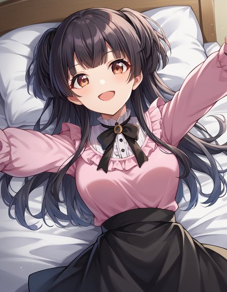score_9, score_8_up, score_7_up, source_anime,
fuyukomayuzumi, <lora:fuyuko-mayuzumi-ponyxl-lora-nochekaiser:1>,
fuyuko mayuzumi, black hair, brown eyes, long hair, two side up, smile,
black bow, black bowtie, black ribbon, black skirt, bow, bowtie, frilled shirt, frills, jirai kei, long sleeves, neck ribbon, pink shirt, ribbon, shirt, skirt, white shirt,
indoors, bed, bed room, on back, arm support, arms up, incoming hug, pov, reaching, reaching towards viewer,
looking at viewer, dutch angle, cowboy shot,