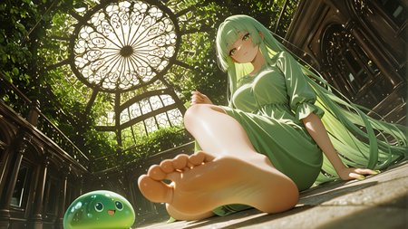 8K, newest, Hime-cut, Foursome with X Formation, Lime Theme, absolutely eye-catching, unfrozen mercury., macro scene, ultra-detailed, Low angle view, victorian_elegance, manor_house_view, HDR, motion_blur:1.1, ambient occlusion, very long hair, pastel colors, amazing quality, slime_(creature), tan skin, period_details, very aesthetic, best quality, depth of field, separating with a loud tear., 1girl, medium breasts, A top with velcro strips, Arctic landscape with rivers of flowing, Mitsuha Miyamizu (Your Name), motion_lines:1.1, polarized, anime character, 1boy, cat_girl, absurdres, gaslight_glow, nail_polish, ornate_curves, barefoot, Mint green hair, aristocratic_shadows, masterpiece