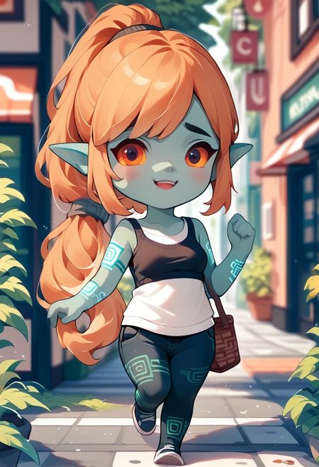 zPDXL3, score_9, score_8_up, score_7_up, score_6_up, score_5_up, score_4_up, 1girl, solo, medium breasts,
cafe, jogging, park, shorts, tank top,
tpmidina, midna, acvillager, chibi,