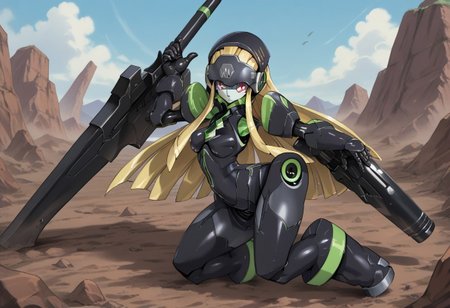 oficial art, detailed anime, screencap, score_9, score_8_up, score_7_up, score_6_up, master piece, anime coloring, source_anime, (((detailed face, detailed eyes))) GenistaLA, 1girl, solo, breasts, blonde hair, robot, bodysuit, black bodysuit, long hair, medium breasts, covered nipples, (((narrow waist:1.3))), (((wide hips:1.3))), ((curvy)) ((colored skin, (((black skin))), (((multicolored skin))), (((white skin))), purple eyes, android, robot ears, joints, ((mecha musume)), (((robot girl:1.5))), 1 hand holding black rifle on side, very long and large rifle, futuristic weapon, looking at viewer, full body shot, dynamic view,  generic destroyed battlefield background, dynamic pose, extreme perspective, face focus, NDXL