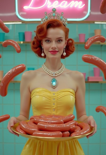 A surreal dreamy low saturation, soft focus, medium shot with a vintage aesthetic of a 20 years old very pretty woman with sweet smile, wavy red hair styled in a 1950s-inspired bouffant, wearing a jeweled crown with opalescent gems, crystal drop earrings with shimmering detail, a multi-strand pearl necklace with a large opalescent blue gem pendant, and a yellow dress with subtle, embedded sequins. (surrounded by many sausages levitating in air:1.8).
She is holding a gold tray with an assortment of pastel-glazed sausages embedded with diamond reflective glitter and rhinestones with surrealism.
The background is a brightly lit 1950s diner setting with a baby blue tiled backsplash, a pink neon sign reading "Dream" a shelf with colorful cups. The overall color palette consists of a soft blend of bubblegum pink, baby blue, butter yellow, and mint green, accented with metallic gold, rose gold, silver, and a slight iridescence. The scene utilizes soft, diffused lighting with spotlights creating gentle highlights on the jewelry, the crown, and the (emphasising on floating sausage around her), 
lorenastyle,retro futuristic clothing style