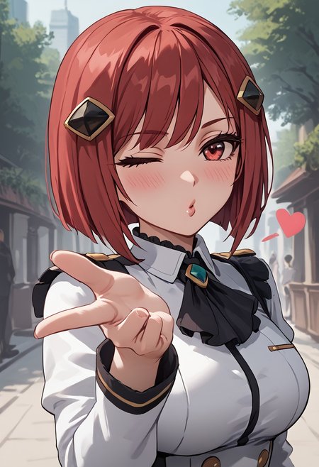 score_4,score_5,score_6,score_7_up,score_8_up,score_9 ((masterpiece,best quality,ultra detailed,highres,HD,4k:1.2)), 
1girl, solo,solo focus,girl focus,face focus,
red hair,red eyes,short hair,hair ornament,large breasts,
outdoors,
<lora:blowing-kiss-ponyxl-lora-nochekaiser:1>, blowing kiss, pucked lips, heart, one eye closed, o3o, looking at viewer, hand up,Pouting lips,pointing fingertips towards viewer, blush,shy,Expressionless,Half-closed eyes, squinting, staring,jitome,