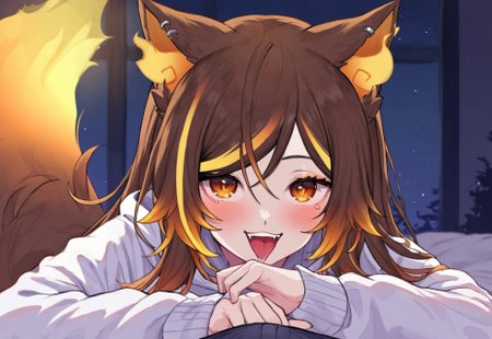 safe_pos, score_9, score_8_up, score_7_up, 2d, thick body, cute, source_anime, front, night, night light, dim light, no windows, room with no windows, front view,  
BREAK
1girl, sinder vtuber, fire ears, animal ears, large breast, thick thighs, teasing, orange eyes, brown hair, fire tail, fluffy tail, multicolored hair, long hair, wolf girl, sensual look, indoor, white hoodie, hoodie, oversized hoodie, Black thigh highs, bed, on bed, on the bed, on all four,  look at viewer, smile, open mouth, tongue out, panting, horny, steam, blushing, rubbing bulge, masturbating through clothes, drooling, drooling on bulge, male pov,
<lora:Sinder_Vtuber_Classic:0.9>, <lora:add-detail-xl:0.8>

