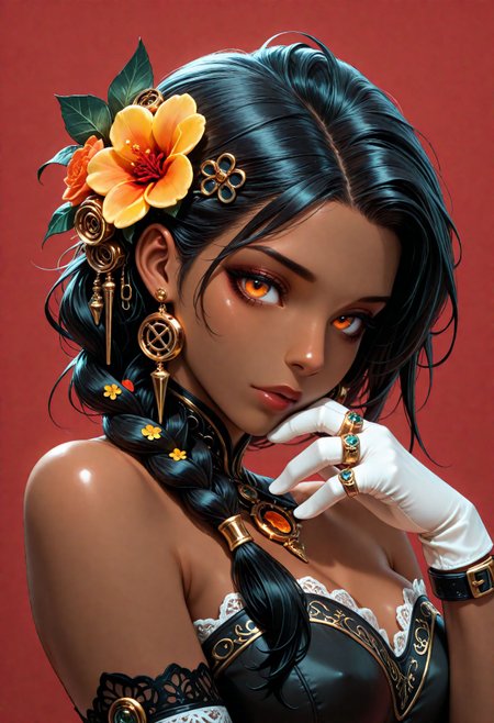 SmoothNoob_Quality, steampunk, 1girl,flower,dark skin,solo,gloves,dark-skinned female,jewelry,ring,looking at viewer,white gloves,black hair,braid,upper body,red flower,yellow flower,hair ornament,earrings,orange eyes,bare shoulders,long hair,red background,lace,hair flower,very dark skin,orange flower,one eye covered,strapless,multiple rings, plant, simple background,lace trim, <lora:Smooth_SteamPunk:1>