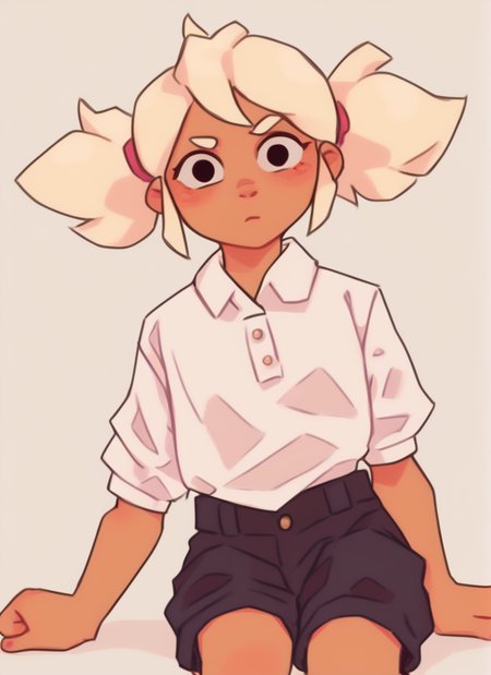 score_9, score_8_up, score_7_up, <lora:bsmandy:1> 1 girl ,  bsmandy  ,dark-skinned female ,  , blonde hair, hort twintails,   white shirt,  black shorts  ,  solo  , simple background,    ,looking at viewer,  <lora:Yagi_the_Goat_Style:1>by s1120411