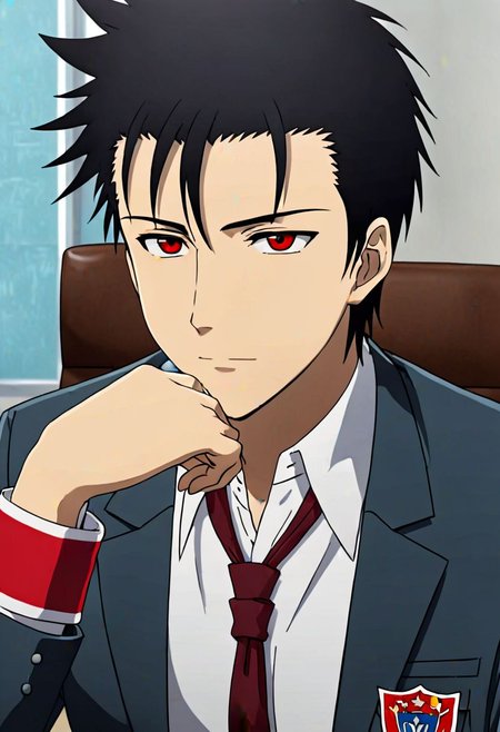 Highres, Masterpiece, High Quality, 4K, 8K, solo, 1Boy, Soujirou Agata, borown eyes, black hair, student council president, school uniform, portrait, meeting table, red armband, easynegative, detailed_eye_model
