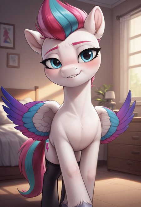 score_9, score_8_up, score_7_up, score_6_up, pony, pegasus, feral, mare, solo, (zipp storm), no breasts, bedroom, indoors, (night), tail, photo_realistic, blushing female, anatomically correct, looking at you, standing, black stockings, front view,