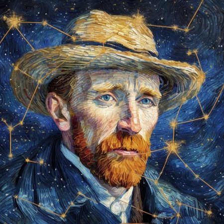 c0nst3llation, ((Painter Van Gogh made out of constellation style and signs with stars)), <lora:c0nst3llation:0.8>