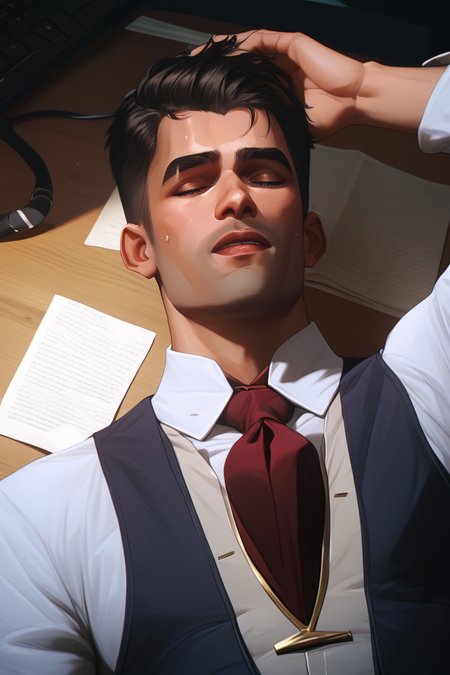 score_9,score_8_up,score_7_up,score_6_up,score_5_up,score_4_up,source_anime,BREAK, perfect proportions, 1man, solo male, sz4d3k,motion lines ,jayce_arcane, exhausted in the lab, laying head on desk asleep, sweaty, worn out, tie undone