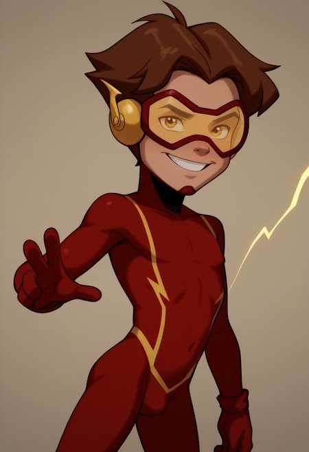 score_9, score_8_up, score_7_up, CuteCartoonStyle, petite, shortstack, highly detailed, cute boy, 1boy, solo,  Impulseyj, red framed goggles yellow lenz, red and white bodysuit, brown hair, skinny, lean body, red gloves, big smile, dominating pose,  yellow lightning