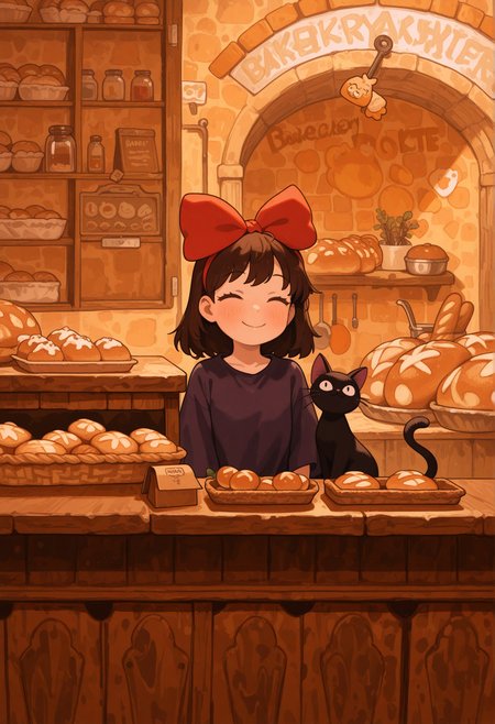 very awa, (anime screenshot:0.8), (opossumachine:0.7), 1girl,  kiki \(majo no takkyuubin\), smile, dress, black cat, counter, bakery, [masterpiece:0.15], [best quality:0.15], [newest:0.15], [absurdres:0.15],