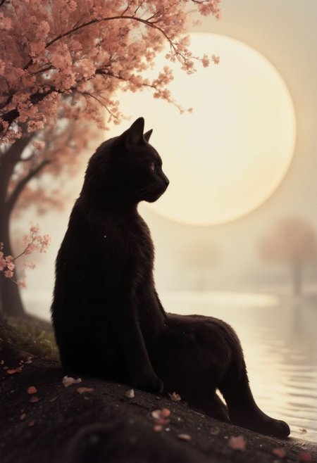 The black Silhouette of A serene female anthropomorphic cat bounty hunter, reimagined in the style of a traditional Japanese Samurai geisha. She sits peacefully by a serene lotus-filled brook under a canopy of delicate cherry blossoms. Her eyes are closed, as if lost in meditation, exuding tranquility. Her fur is short and white, with a few faint battle scars, softened by the gentle light of the setting sun. A long, intricately braided ponytail flows down her back, swaying slightly with the breeze. She wears an elegant, flowing kimono in soft white and pastel blue hues, the fabric shimmering in the sunlight. The atmosphere is calm, with gentle sunbeams filtering through the cherry blossoms, casting a warm, ethereal glow on her figure as petals gently float down around her.