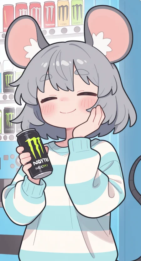 masterpiece, best quality, amazing quality, nazrin, 1girl, solo, blush, smile, short hair, long sleeves, holding, animal ears, closed mouth, blue hair, tail, upper body, closed eyes, grey hair, medium hair, sweater, animal ear fluff, thick eyebrows, multicolored clothes, hand on own face, can, mouse ears, hand on own cheek, mouse tail, holding can, mouse girl, vending machine, striped sweater, monster energy, flat colors,
m1nma_sty <lora:noobai_ep11_stabilizer_v0.138_fp16:0.3> <lora:M1nma_style-000018:0.7> <lora:CoalCaress:0.7>