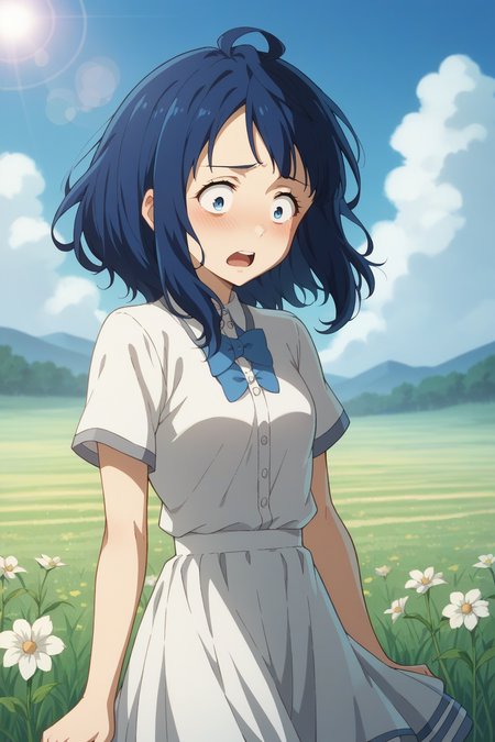 score_9, score_8_up, score_7_up, source_anime, 1girl, prefect lighting, very aesthetic, intricate details, highly detailed background, masterpiece, high quality, prefect hands, best quality, solo,
<lora:Anna_Yanami_Too_Many_Losing_Heroines_V1:.85>, KJOanna, blue hair, blue eyes, medium hair, 
outdoors, sunny, field, lens flare, white summer dress, floral print, (wind lift), skirt tug, flowers, surprised, blush, open mouth, constricted pupils, embarrassed, looking down,
(Beautiful,  small Breasts:1.2), natural breasts,