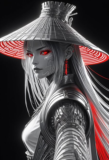 A Long haired pureerosface_v1 Cyborg Samurai Profil Closeup, named magda, sedge hat, ascii_art, silver and sss red lines By Bw-grignani, Made of bold lines, Shiny emphasis lines, high Quality, intricate, maximum resolution, hyper detailed, vertical lines, horizontal lines, illuminated from behind, ethereal,