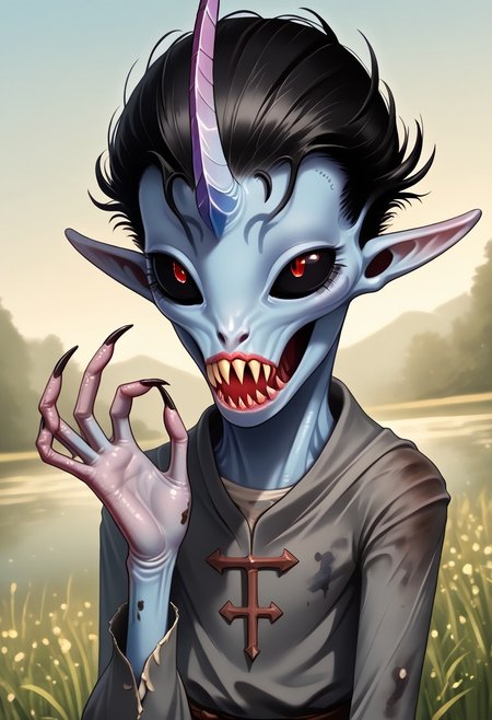 ((Alien humanoid)),
((Alien species)), solo, androgynous, aquatic features 
blue skin, ((webbed hands)):1.3,
((No nose)):1.3, ((nostrils only, nostril slits, vertical nasal slits, narrow nostrils)):1.5, ((narrow eyes)), ((black sclera, black irises)), smooth skin,  pointy ears, small ears, tiny ears, holes in skin, forehead horn, short horn, veiny horn, ((single horn)):1.0, ((4 fingers)), fingernails, thin lips, ((black hair)), ((short hair, spiky hair)), sharp teeth, digitigrade legs, bent legs,
mid-range shot, upper body focus
ragged clothes, muddy clothes, loincloth, tunic, dirty
Medieval style, fantasy style,
((Variety)):1.2
((dutch angle, 3/4 view))
river background
fully clothed, loose clothing, clean lines, smooth colors, detailed fingers, sfw, source: realistic, rating: pg, score: 8 up, score: 9