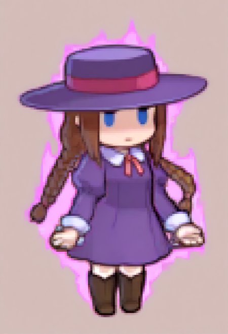 masterpiece, best quality, solo, 1girl, <lora:Feh-Sprites-illus_Fp:1>, chibi, full body, simple background,  <lora:Anita-illus_Fp:1>, anitavc, brown hair, blue eyes, twin braids, hat, collared dress, purple dress, long sleeves, wrist cuffs, ribbon, knee boots, aura,