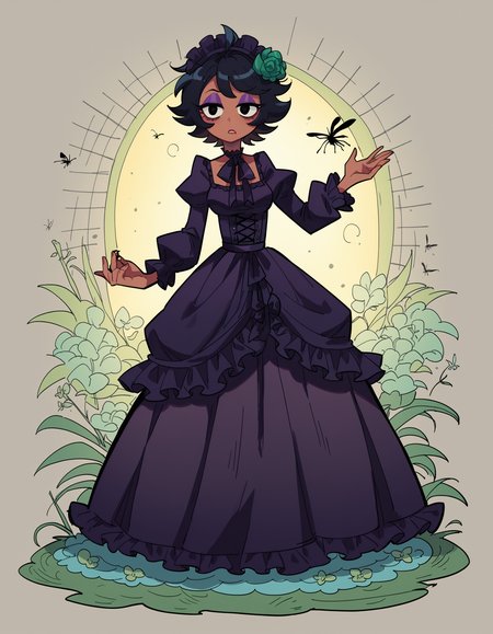 zPDXL, score_9, score_8_up, score_7_up, source_anime, 1girl, solo, absurdres, 4k, <lora:anapijama:0.8> anapijama
short hair, black eyes, messy hair, purple eyeshadow, tan, bug, beetle, black hair, 
lower eyelashes, upper eyelashes, eyeliner, Gothic Frilled dress, long skirt, Headdress, bowknot, hair ornament, green flower, black fishnet_pantyhose, garter straps, Lace, cross-laced footwear, frilled blouse, ribbon-trimmed sleeves, puffy sleeves, , frilled drawers  +++ River of the Dead