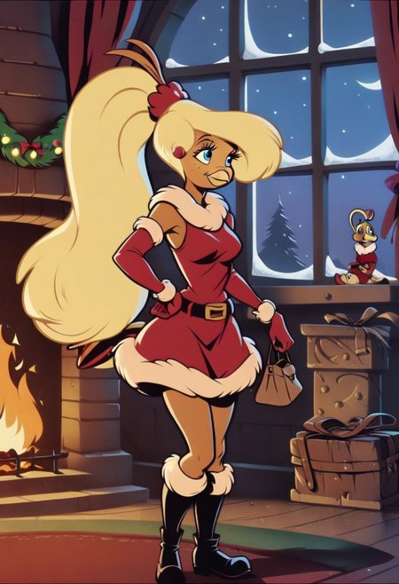 Goldie, big hair, beak, bird girl, solo, blonde hair,bird  girl, long hair,1girl, red dress, furry female, dress, smile, furry, solo, christmas,blue eyes, fur, night, fur trim, fire, fur-trimmed dress, long sleeves, window, breasts, boots, santa costume, standing, black footwear, fireplace, gloves, fur-trimmed sleeves,blonde hair, sky, star \(sky\), bag, alternate costume, looking to the side, closed mouth, night sky, belt, happy, santa dress, small breasts, indoors, medium breasts
score_9, score_8_up, score_7_up, score_6_up <lora:GoldieRockaPony1.0:0.8>