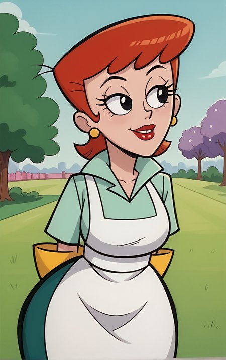 score_9, score_8_up, score_7_up, BREAK
MainOutfit_DextersMom_ownwaifu, 
1girl, aqua shirt, breasts, collared shirt, earrings, eyelashes, green leggings, narrow waist, oven mitts, red hair, red lips, short hair, thick thighs, white apron, wide hips, yellow gloves, jewelry, lipstick, makeup, apron, black eyes, short sleeves,
(leaning forward, arms behind back), cowboy shot, garden, wisteria, outdoors, <lora:PONYXL_MOM_DextersMom_ownwaifu:0.85> , depth of field, solo,