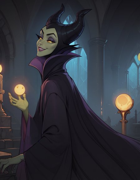 score_9, score_8_up, score_7_up,     
1girl, solo,
maleficentdg,
colored skin, yellow sclera, green skin, 
 wide sleeves, high collar, black cape, 
open hand, 
half-closed eyes, smile, parted lips, 
castle interior, night,from side,  
 <lora:Maleficent DG PXL v01-000003:0.90>